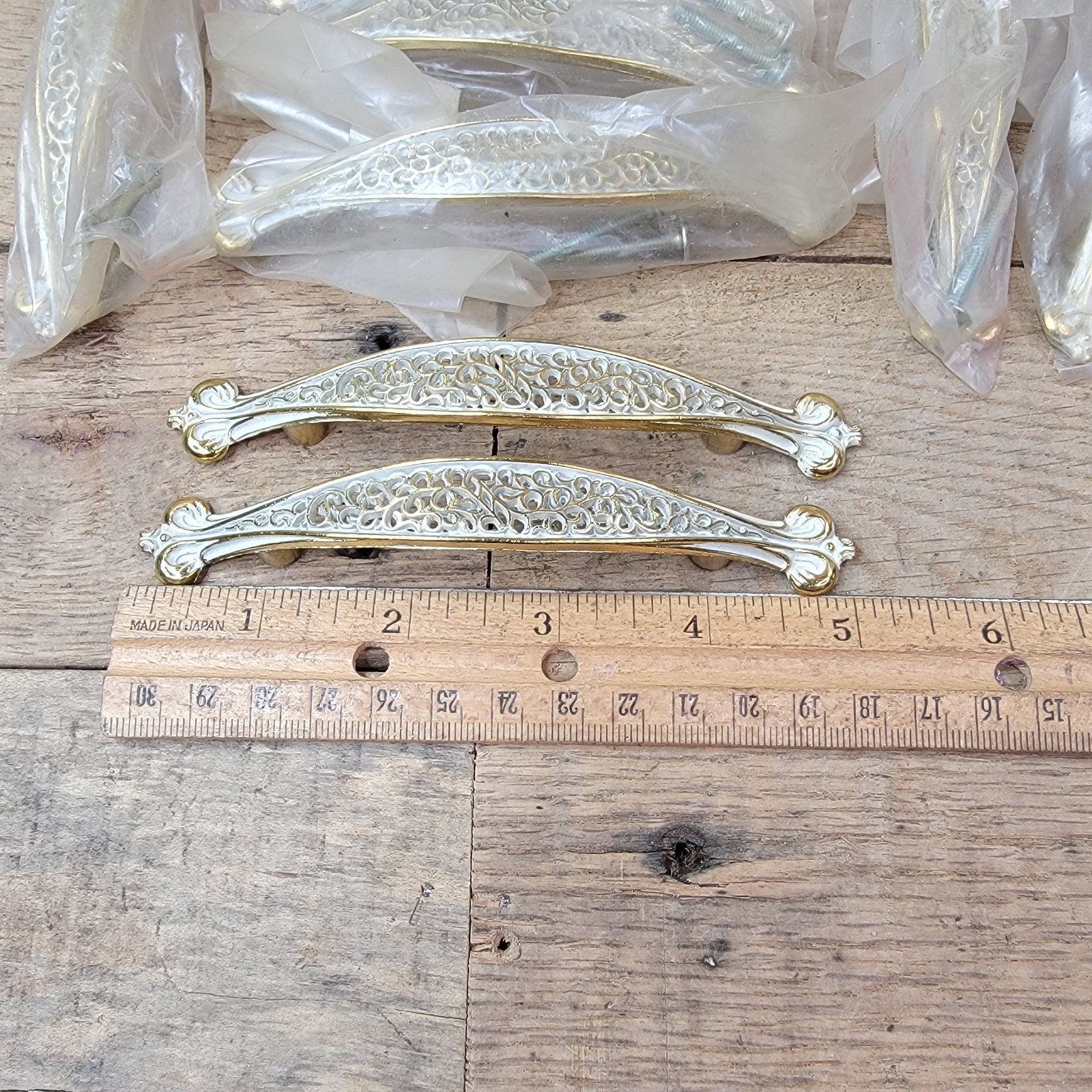 8 Vintage French Provincial Drawer Pulls White Gold Cabinet Handles NOS