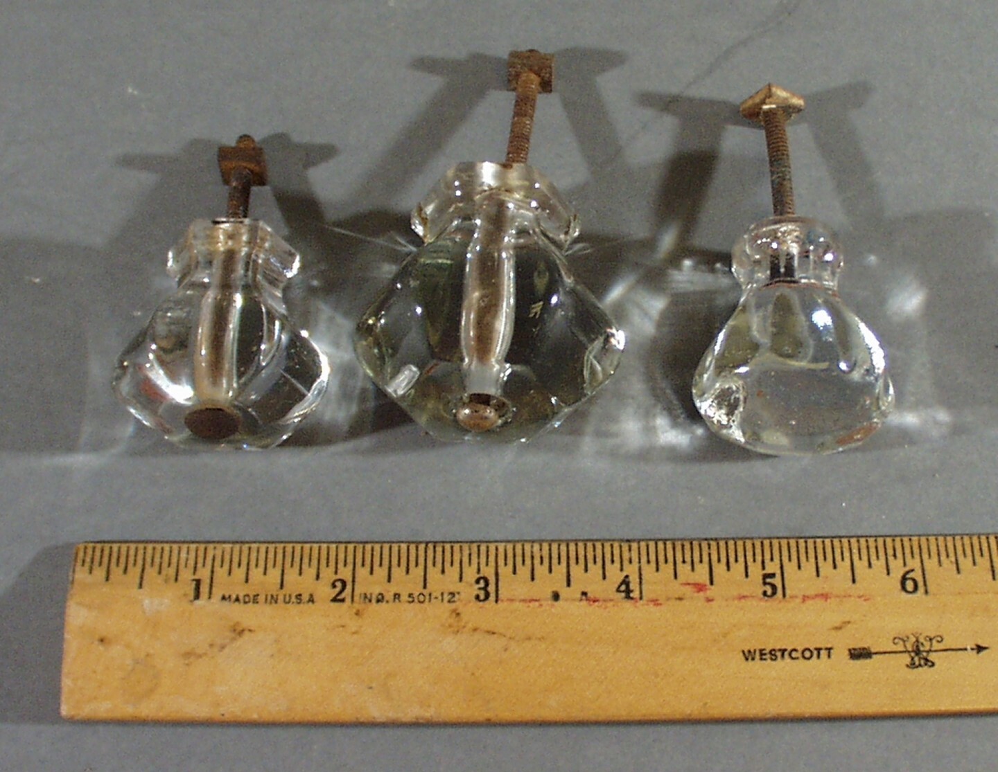 3 VINTAGE ASSORTED SHAPES COUNTRY CLEAR GLASS DRAWER PULLS