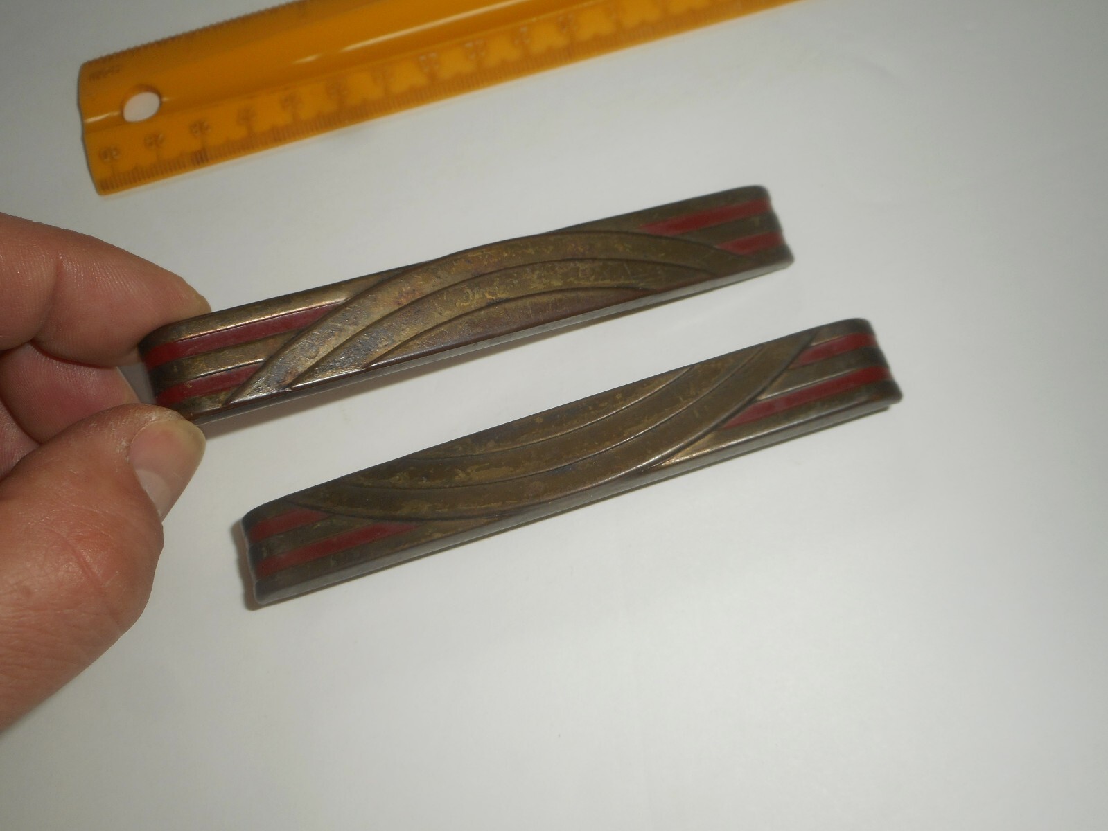 Antique ART DECO Dresser Drawer Pulls Pressed Metal WATERFALL ARCHES Red Paint 4