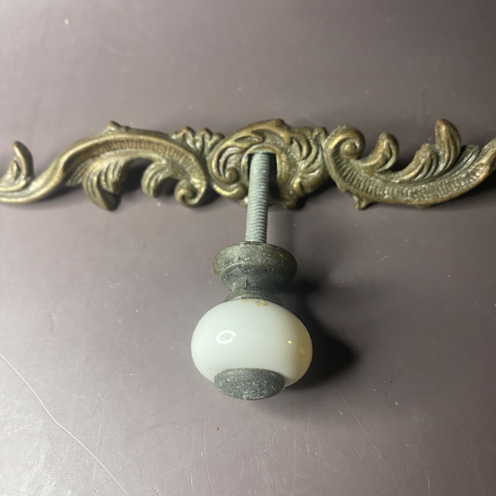 Vintage Metal And Porcelain Knob Ornate Drawer Pull
