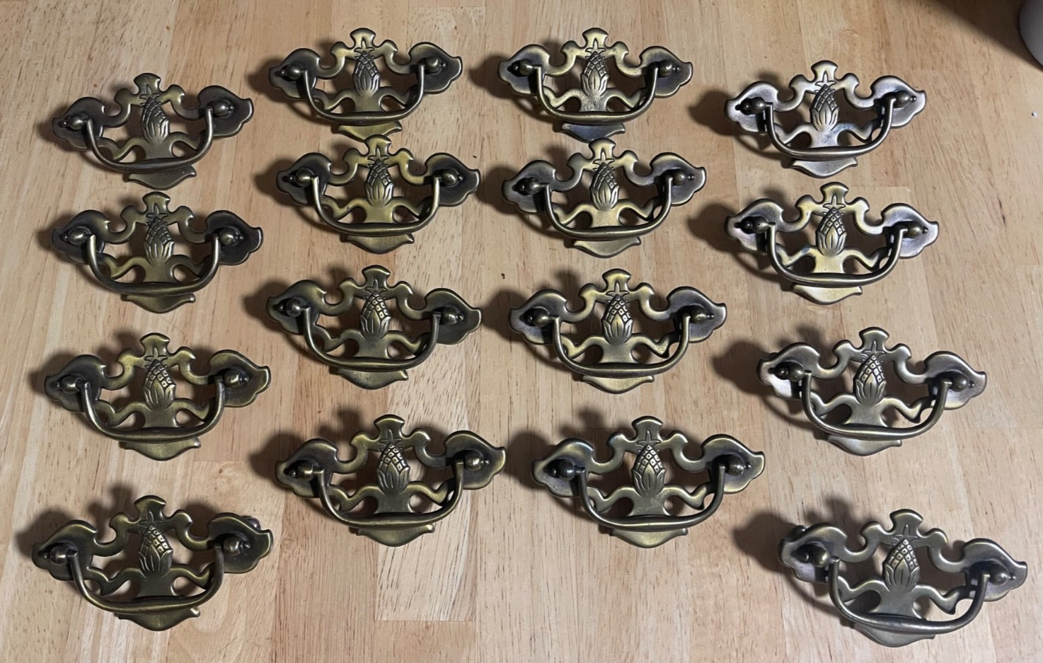 16 Pc VTG Bassett Aged Brass Pineapple Drop Bail Drawer Pull Handles w/ Screws