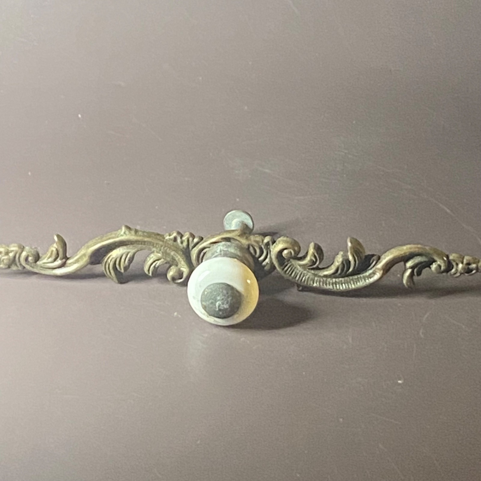 Vintage Metal And Porcelain Knob Ornate Drawer Pull