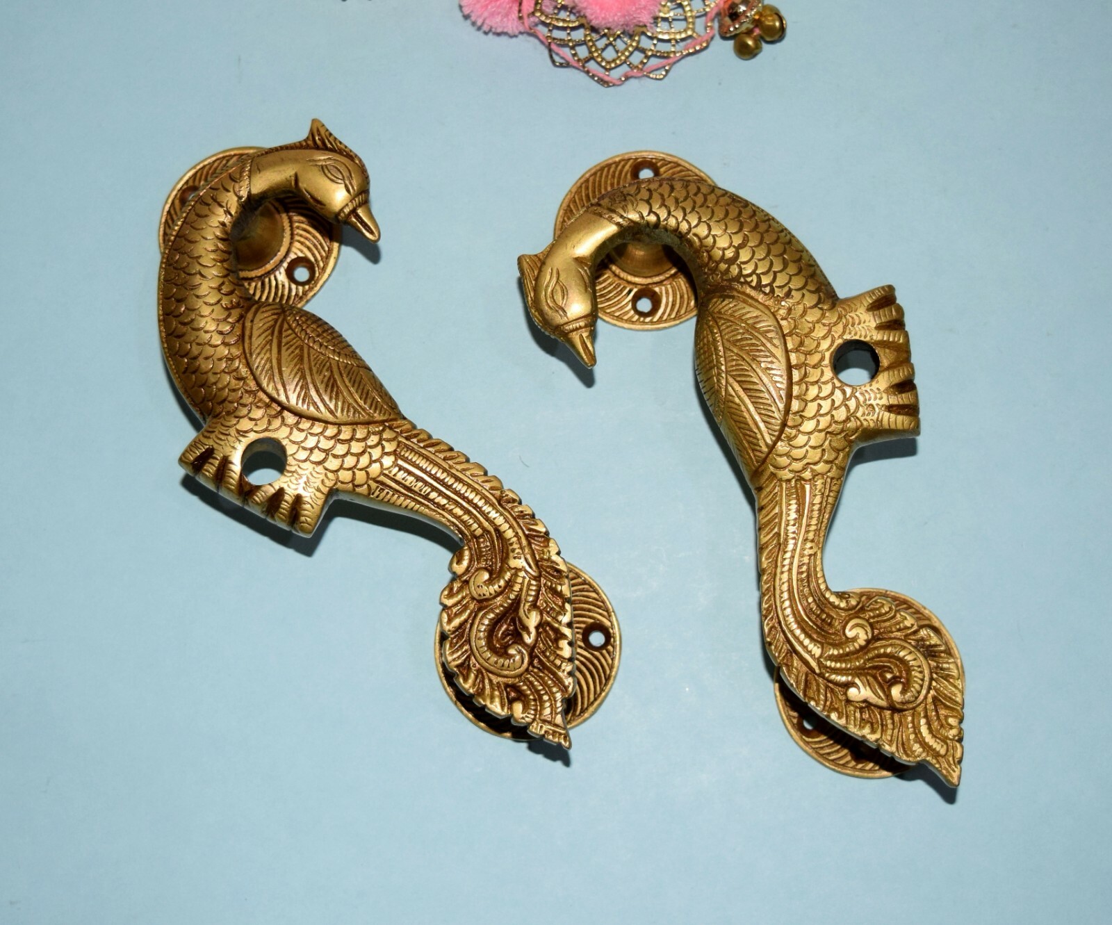 Magnificent Brass Bird Handle Peacock Engraved Ethnic Room Door Puller Set HK208