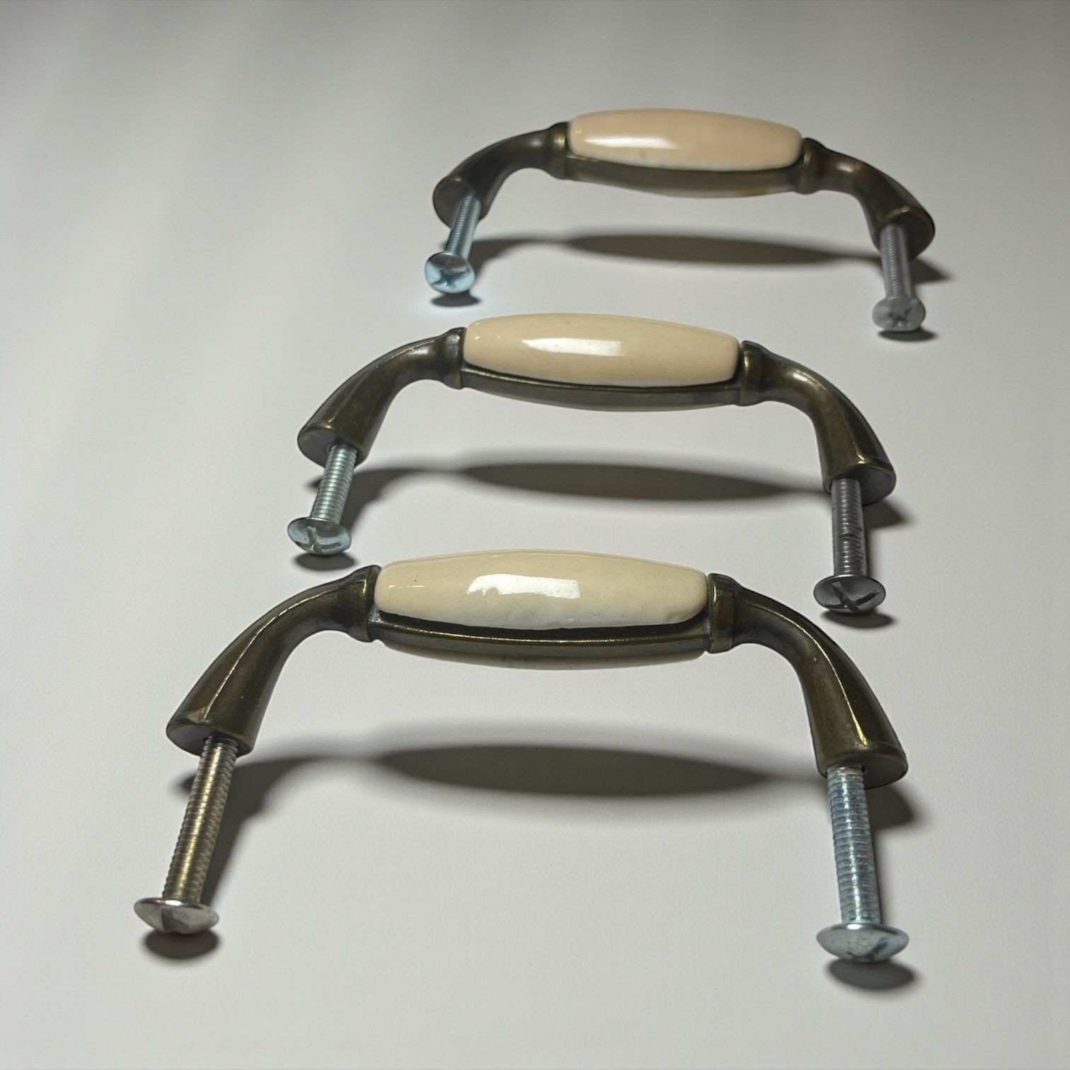 Set Of 3 Vintage Style Drawer Handles With Ceramic Inserts & Bronze Tone Metal