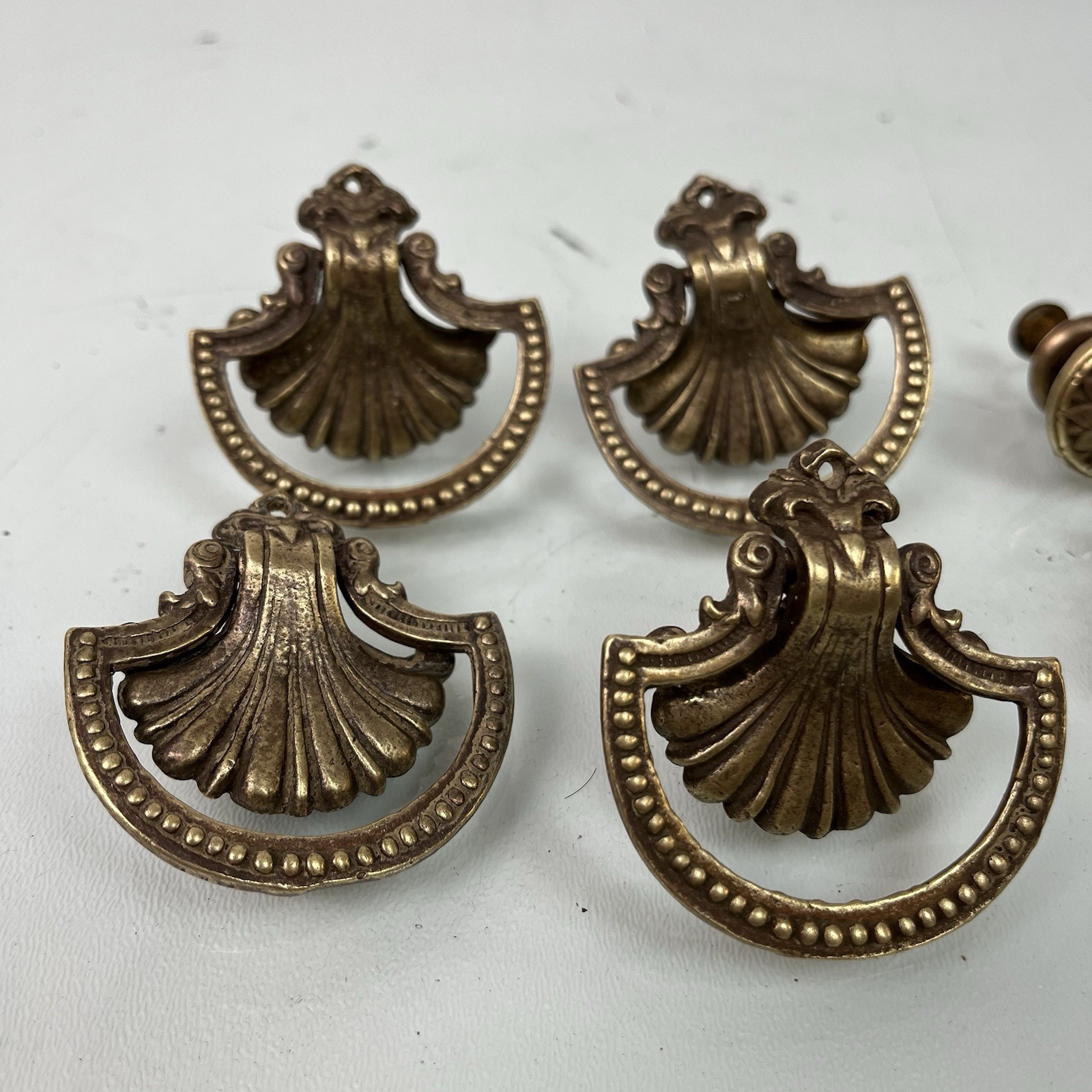 Vintage Victorian Art Nouveau Aged Brass Drawer Drop Pull Shell w/ Knobs LOT