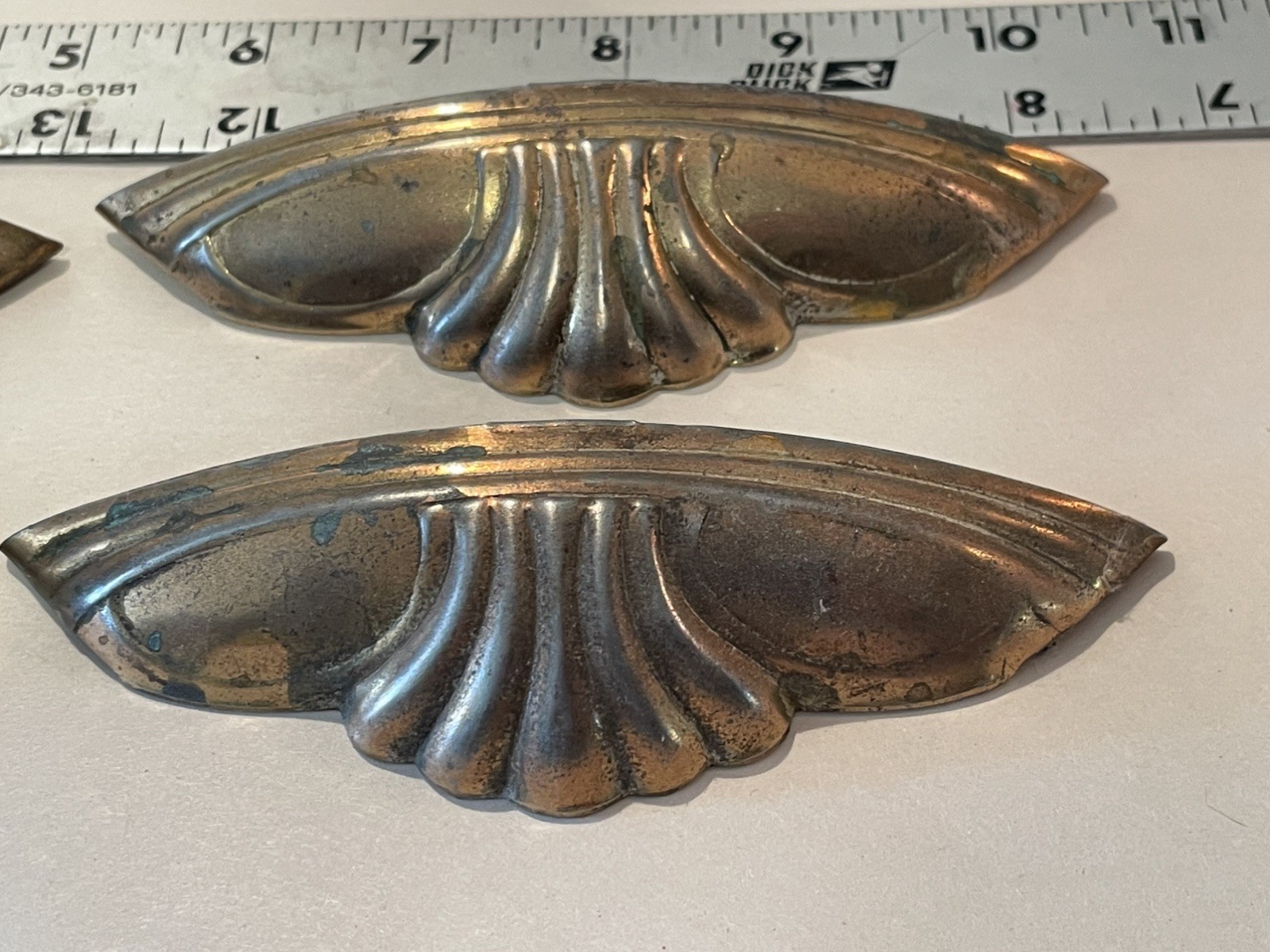 Vintage Art Deco FOUR Drawer Pull Handles Gold Tone Stamped Steel 1925-1940