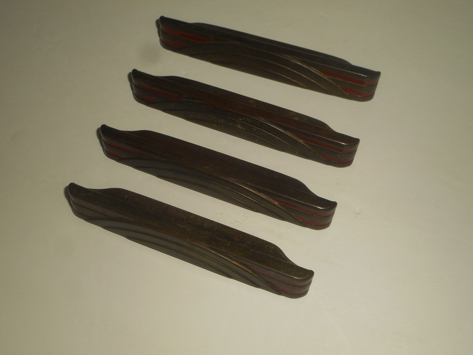 Antique ART DECO Dresser Drawer Pulls Pressed Metal WATERFALL ARCHES Red Paint 4