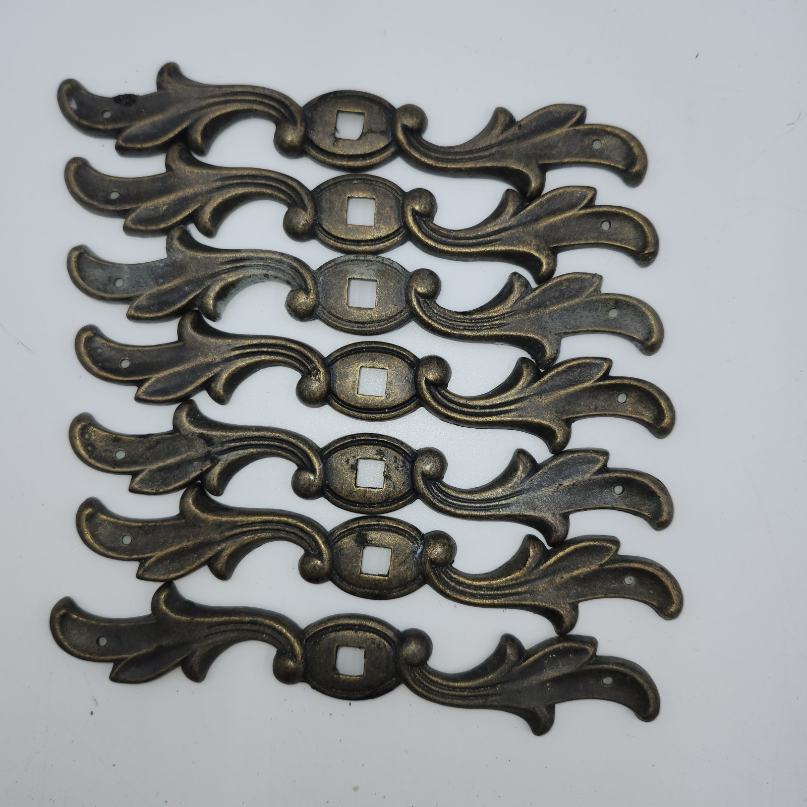 7 vintage ANTIQUE BRASS DRAWER CABINET back plate knob