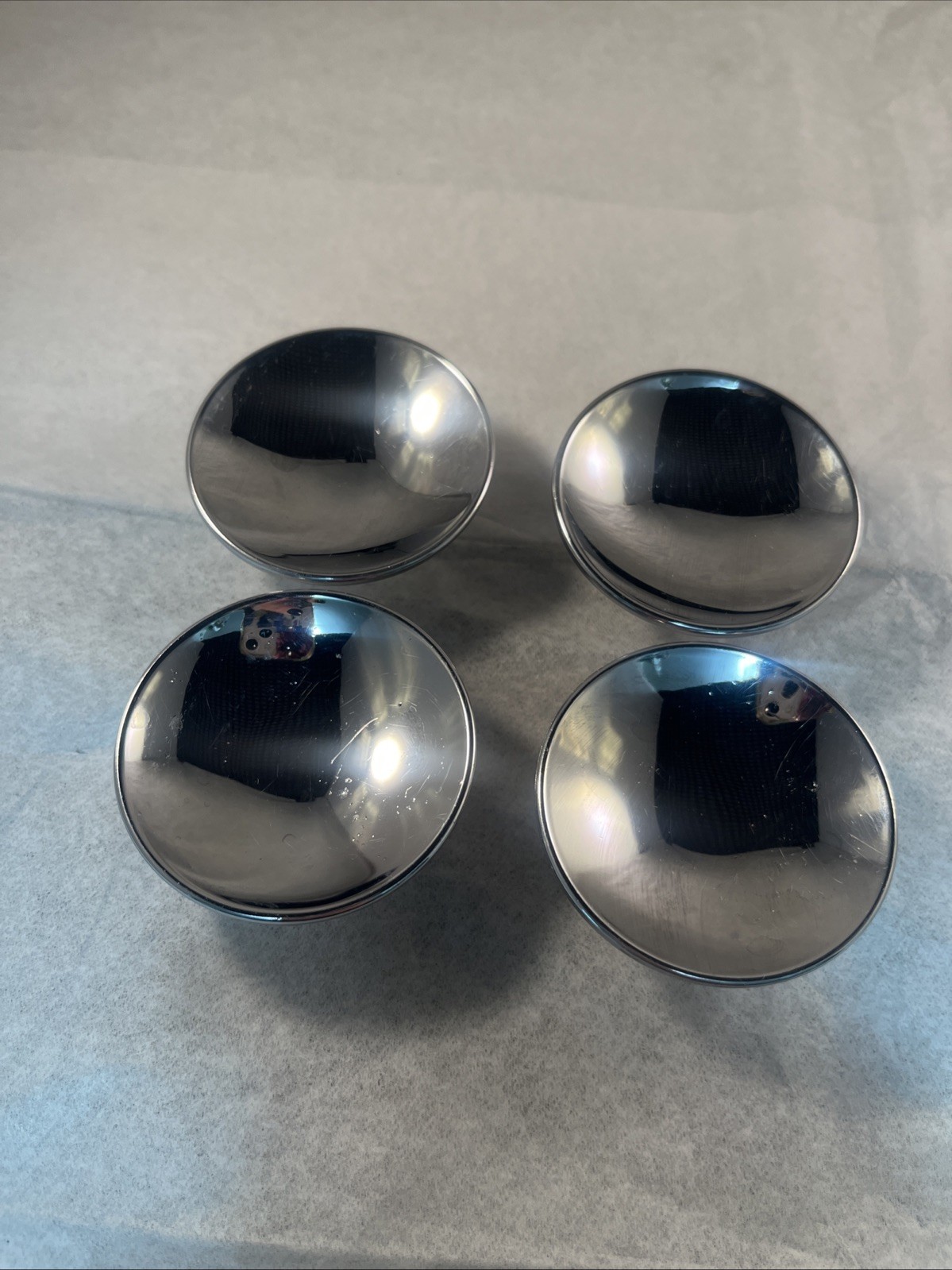 4 Vintage AJAX Shiny Chrome Beveled Concave 2″ Round Knobs & 2.75” Back Plates