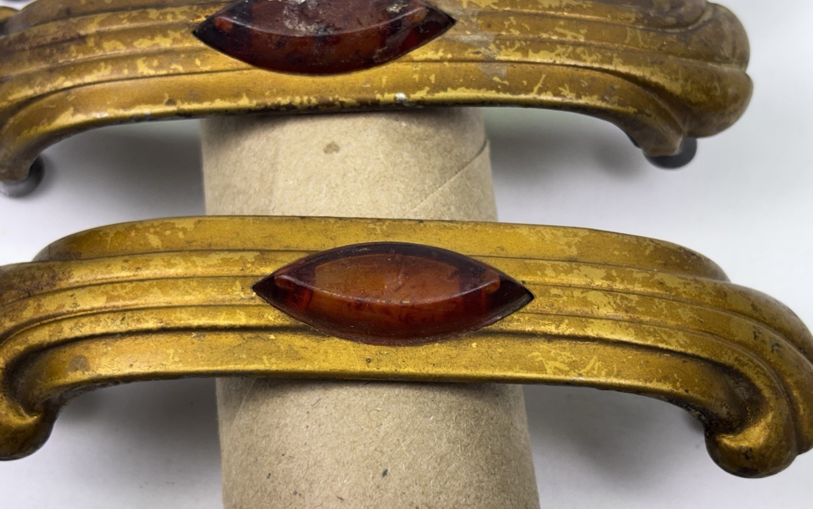 Vintage Art Deco Drawer Pulls Set of 6 Amber Plastic Inlay Waterfall Style