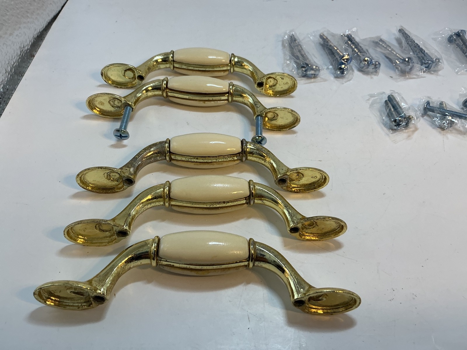 Vintage Door Drawer pulls Beige with gold tone lot of 5 Used