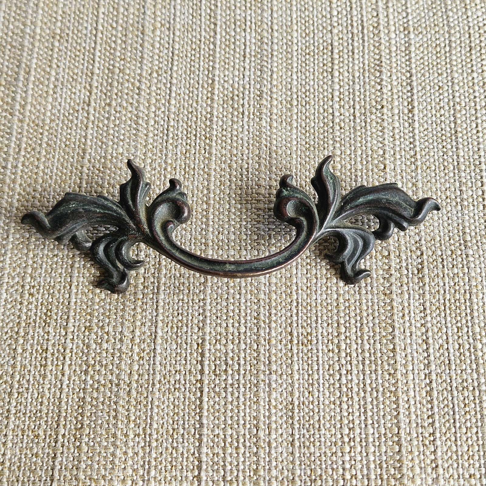 French Provincial Bail Drop Drawer Pulls Pair Antique Brass Patina Ornate M1676