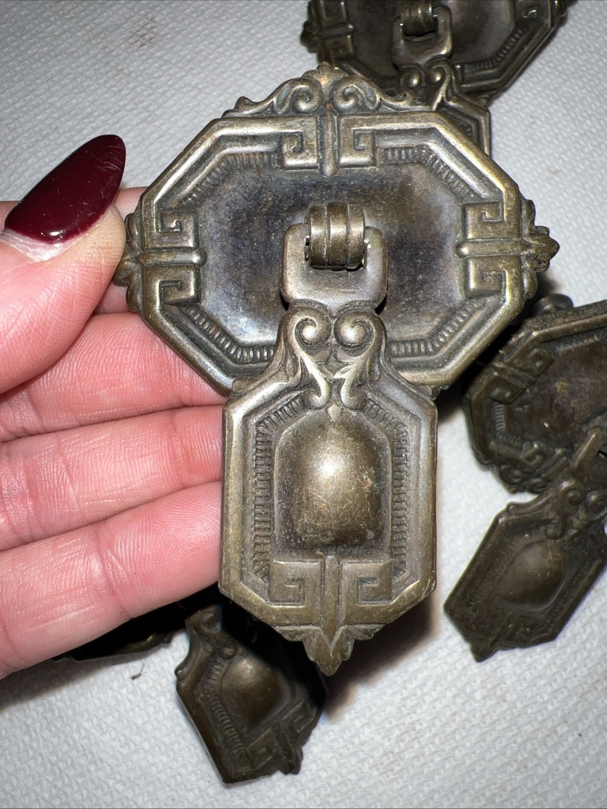 4 VTG Brass Drawer Pulls Set Greek Key Art Deco Revival Cabinet Hardware