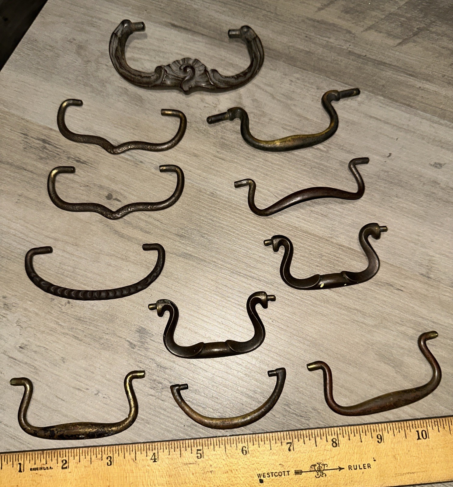 11 Old Drawer Pull Handles Nice Variety, Brass & Steel Vintage