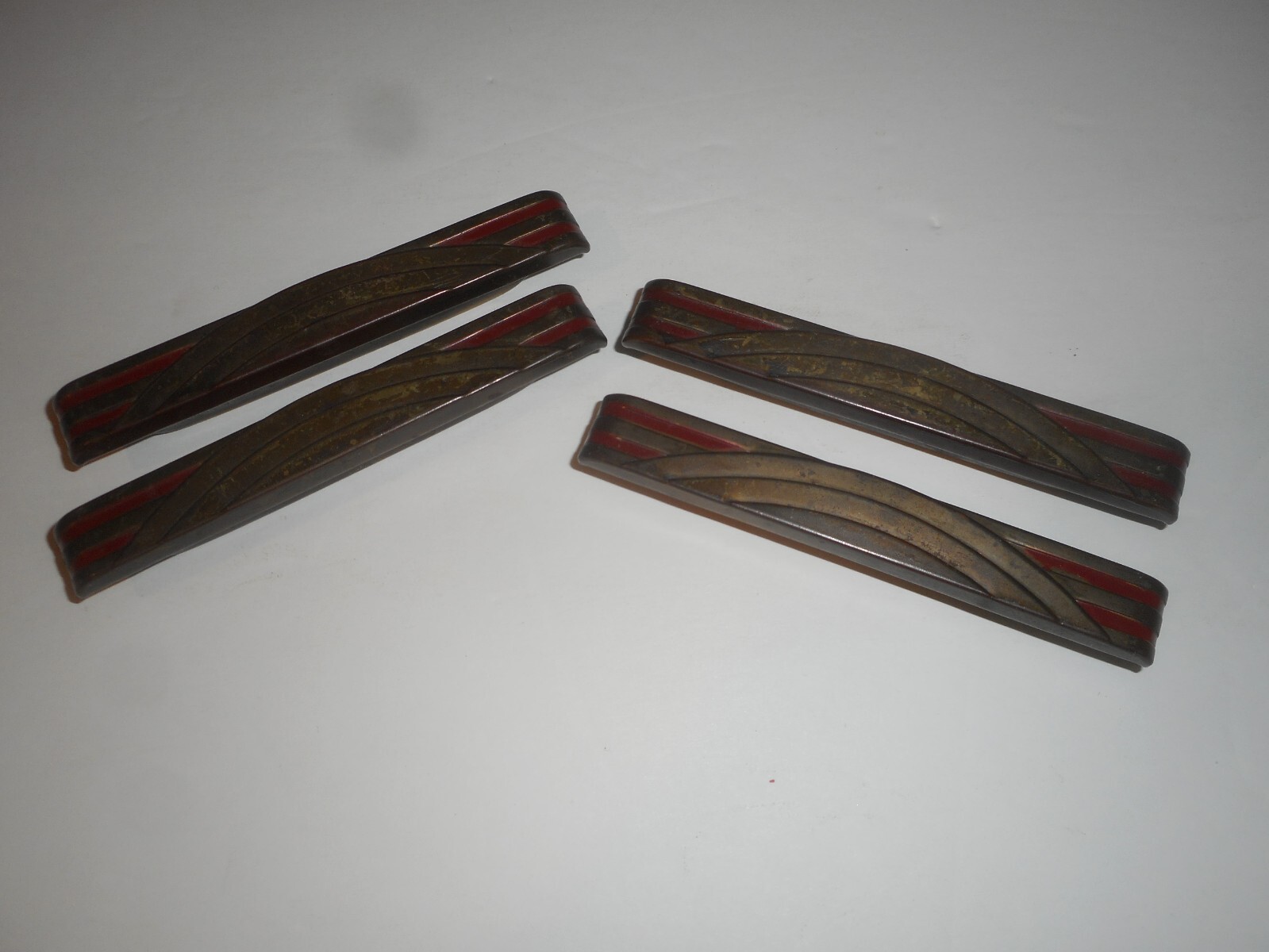 Antique ART DECO Dresser Drawer Pulls Pressed Metal WATERFALL ARCHES Red Paint 4