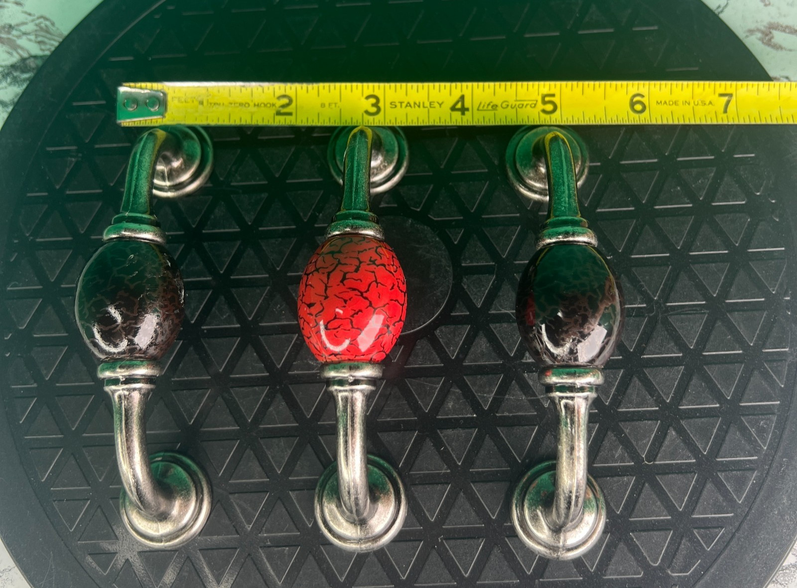 Lot of 3 Vintage Crackle Ceramic Cabinet Pulls Handles Red Black Silver 78 chars