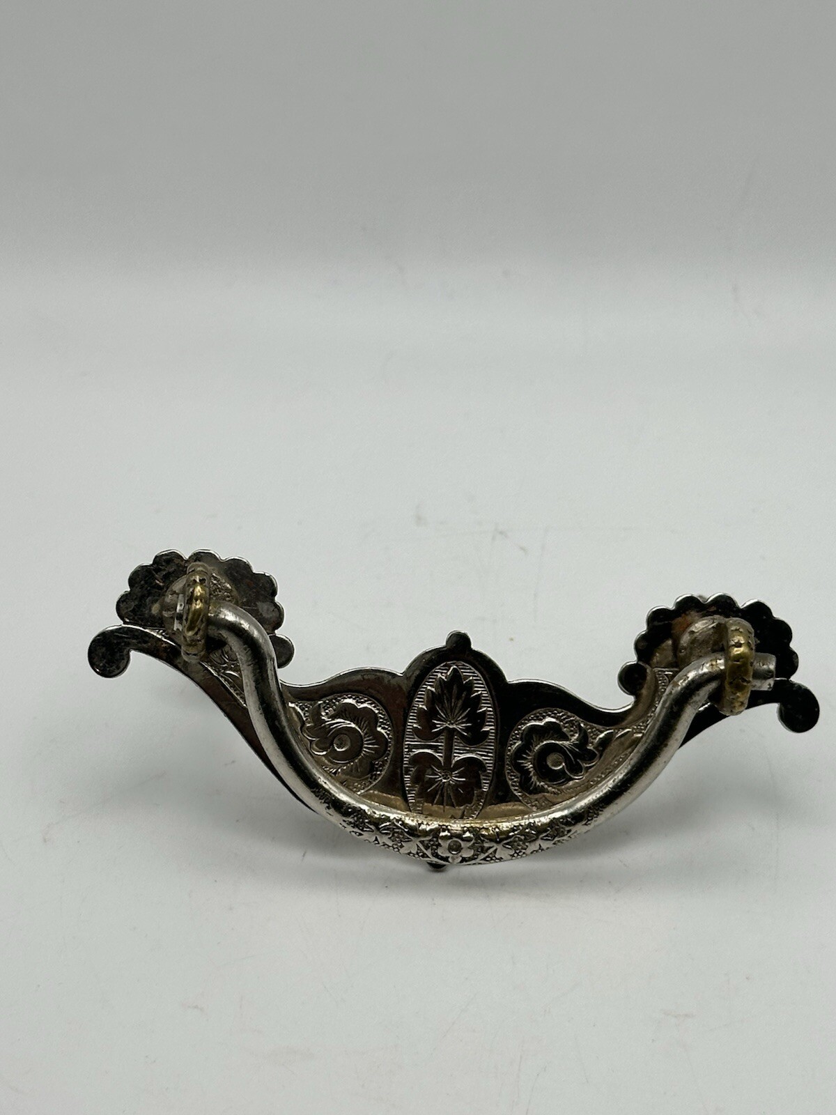 Two Tone Brass Drawer Pull Etched Punched Floral Design
