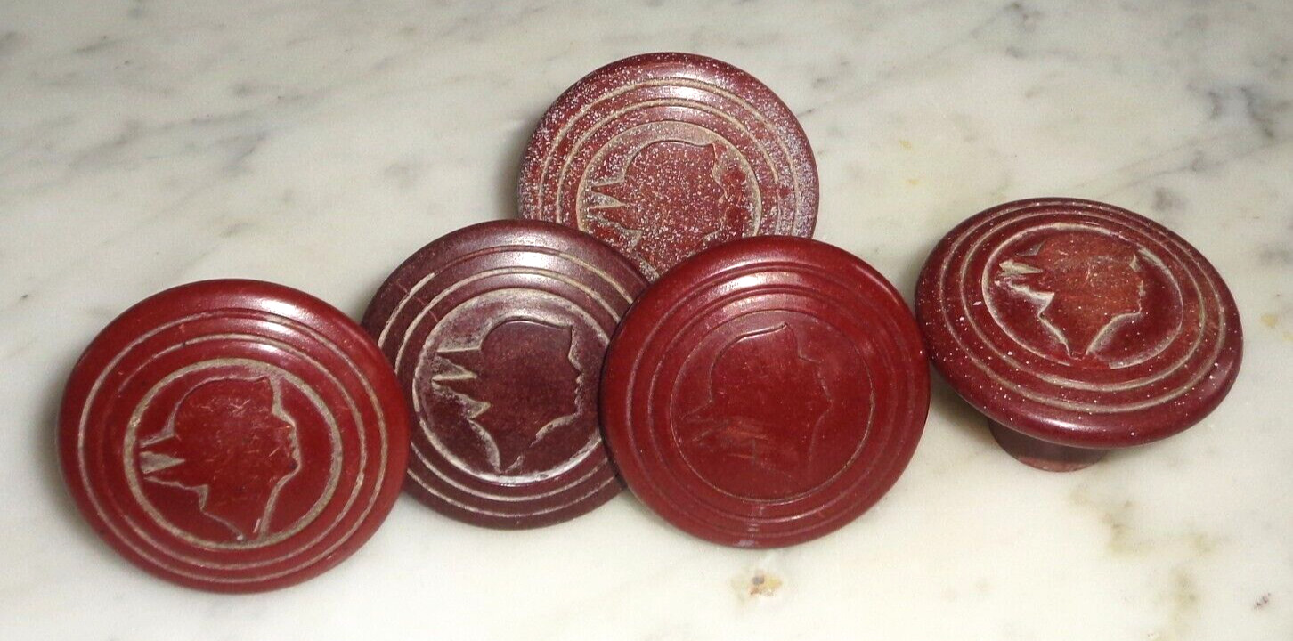 Mercury Head Winged God Man Maroon 1 1/2 inch Knob Cap Pulls, Set of 5