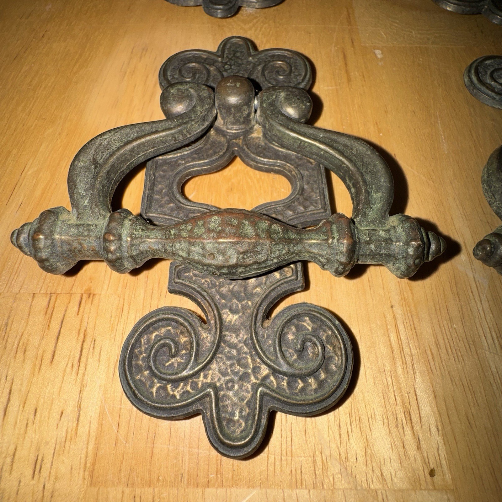 9 Ornate Vtg. Brass Celtic Drawer Bail Cabinet Door Ring Pull Handle & Backplate