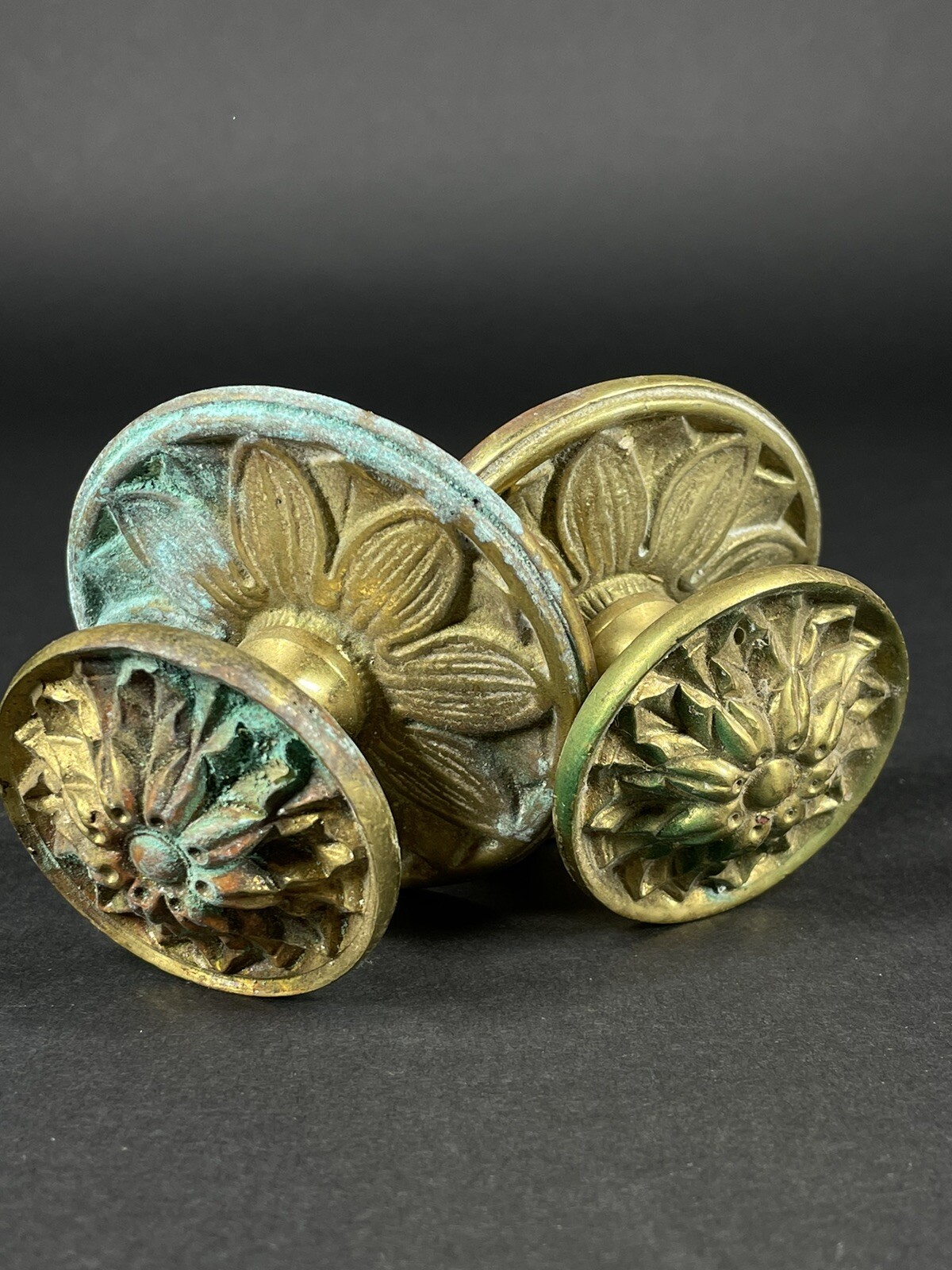 Pair of Antique Brass Round Ornate Foliate Drawer Door Cabinet Pulls Knobs
