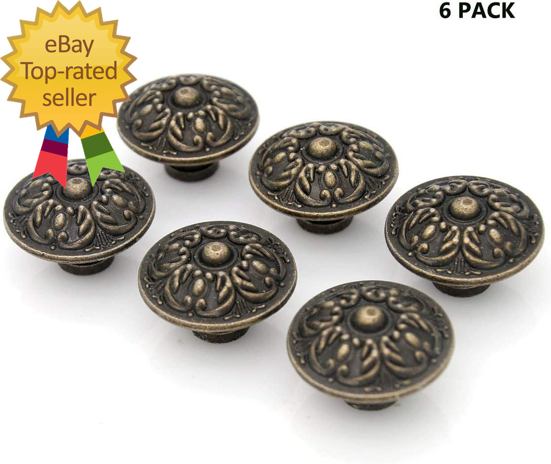 6 Pcs Vintage Antique Brass Knobs Handles Pulls with Flower Pattern for Cabinet