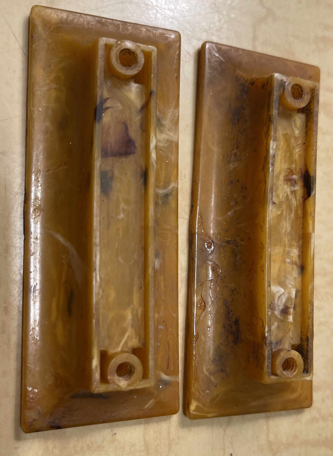 Vintage Celluloid Amber Marbled Drawer Handles Brown White Streaked Rectangular