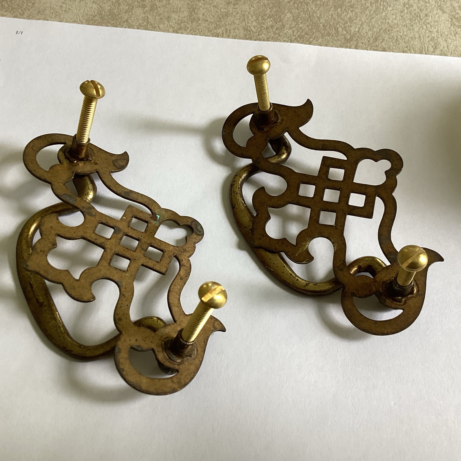 Nice Pair Vintage Pierced Brass Plated Chippendale Drawer Pull 3 In” In.