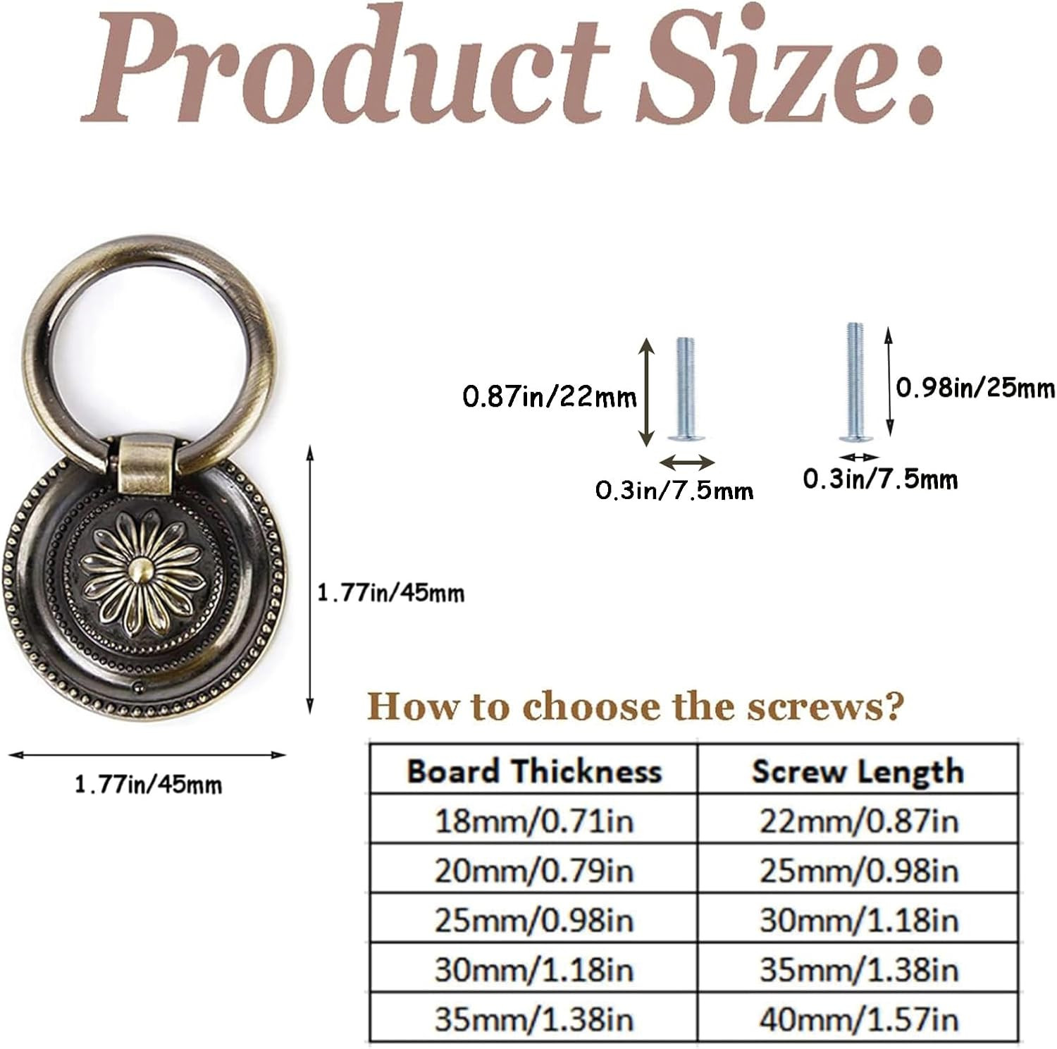 1.77 Inch Bronze Antique Drawer Pulls for Cabinet, 6 Packs | Dresser Pull Rings,