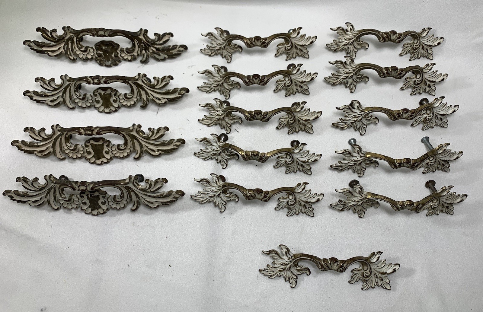 11 Vintage French Provincial Drawer Pulls 3″ centers + 4 Brass & White Coloring