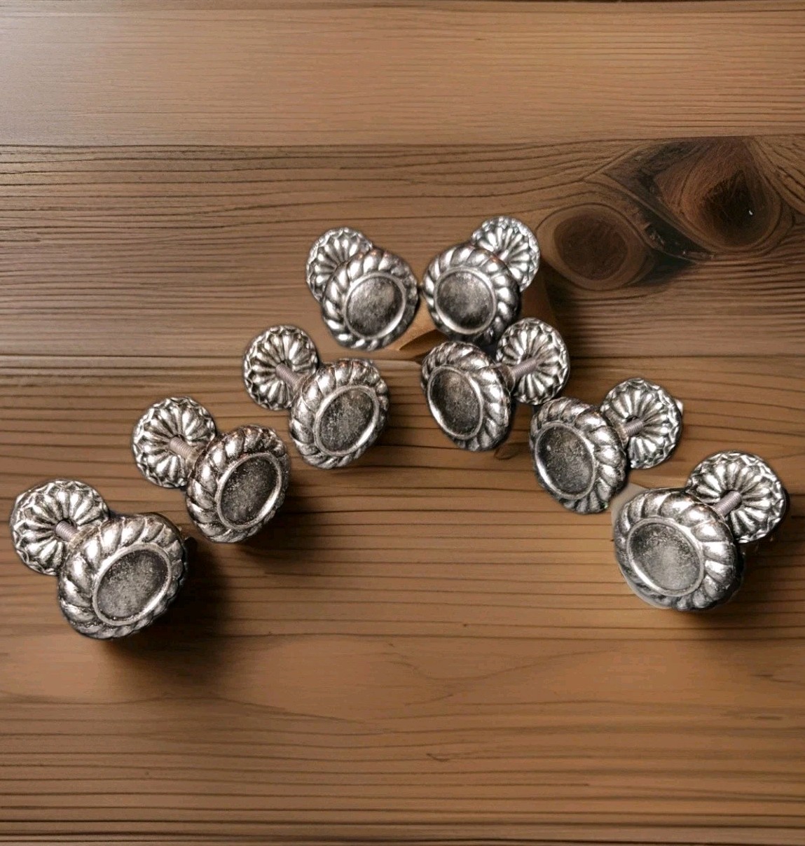 Lot of 8 Vintage Silver Tone Cabinet Knobs Round Twisted Rope Border Pulls GUC