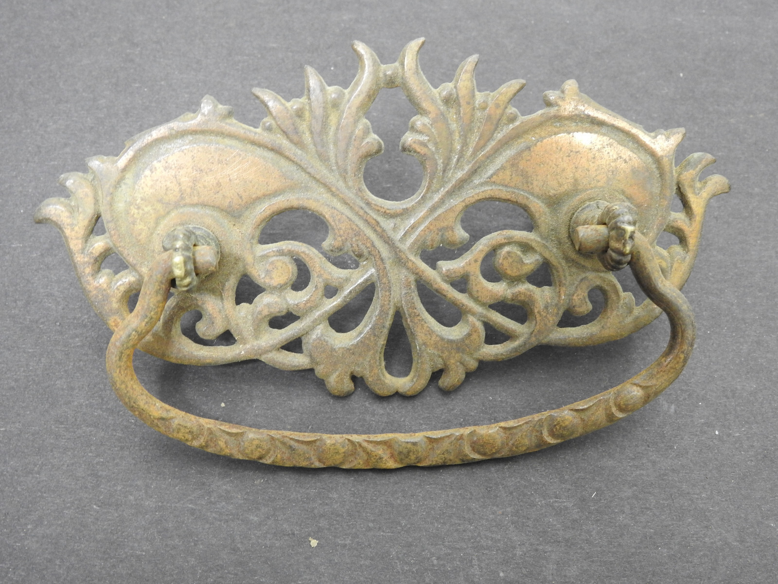 (4) Ornate Antique Cast Iron Drawer Pulls 5″w Bail Drop Handle Copper Flashed