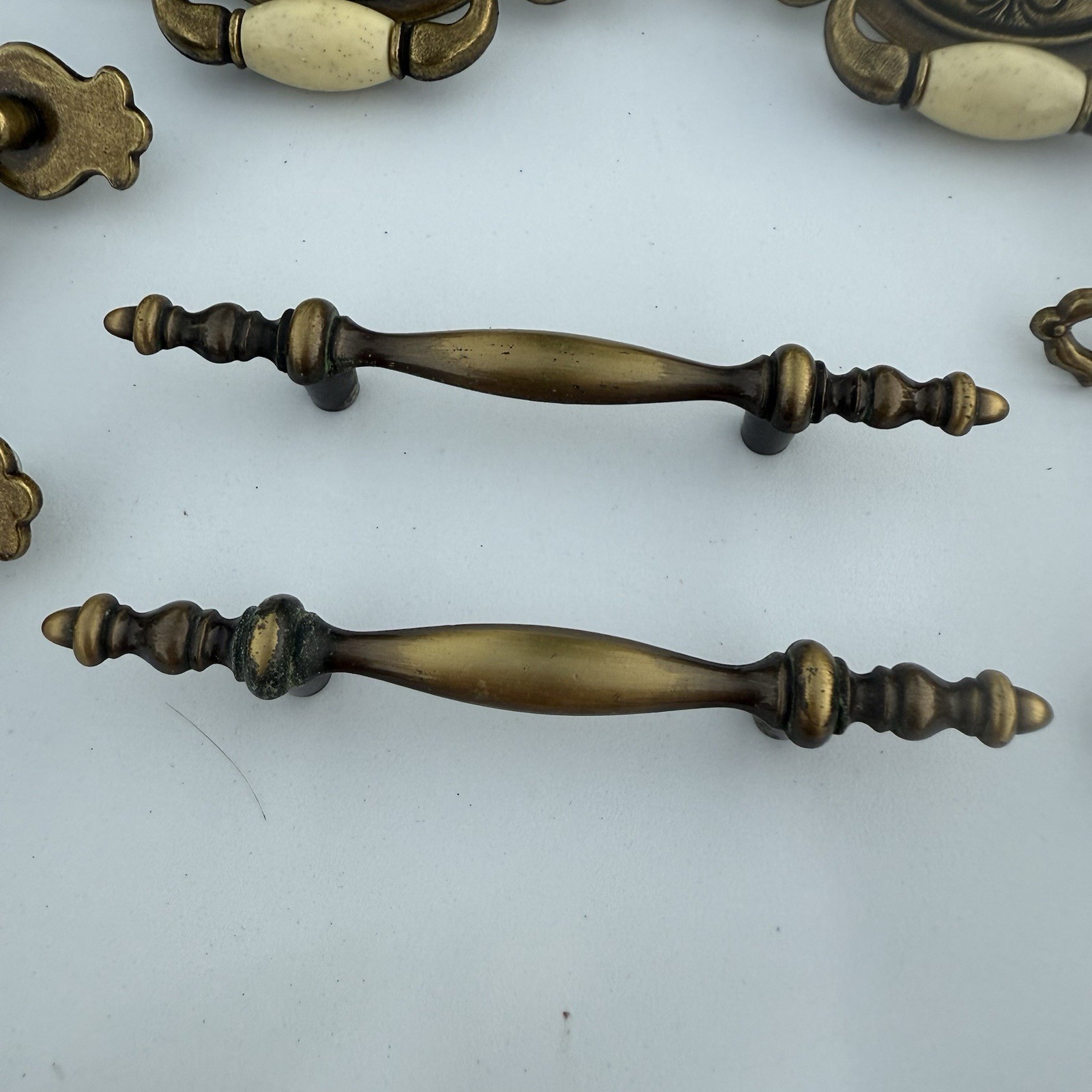 Vintage Brass Hardware Drawer Pulls With Beige Ceramic Center Bead Cabinet Mixed