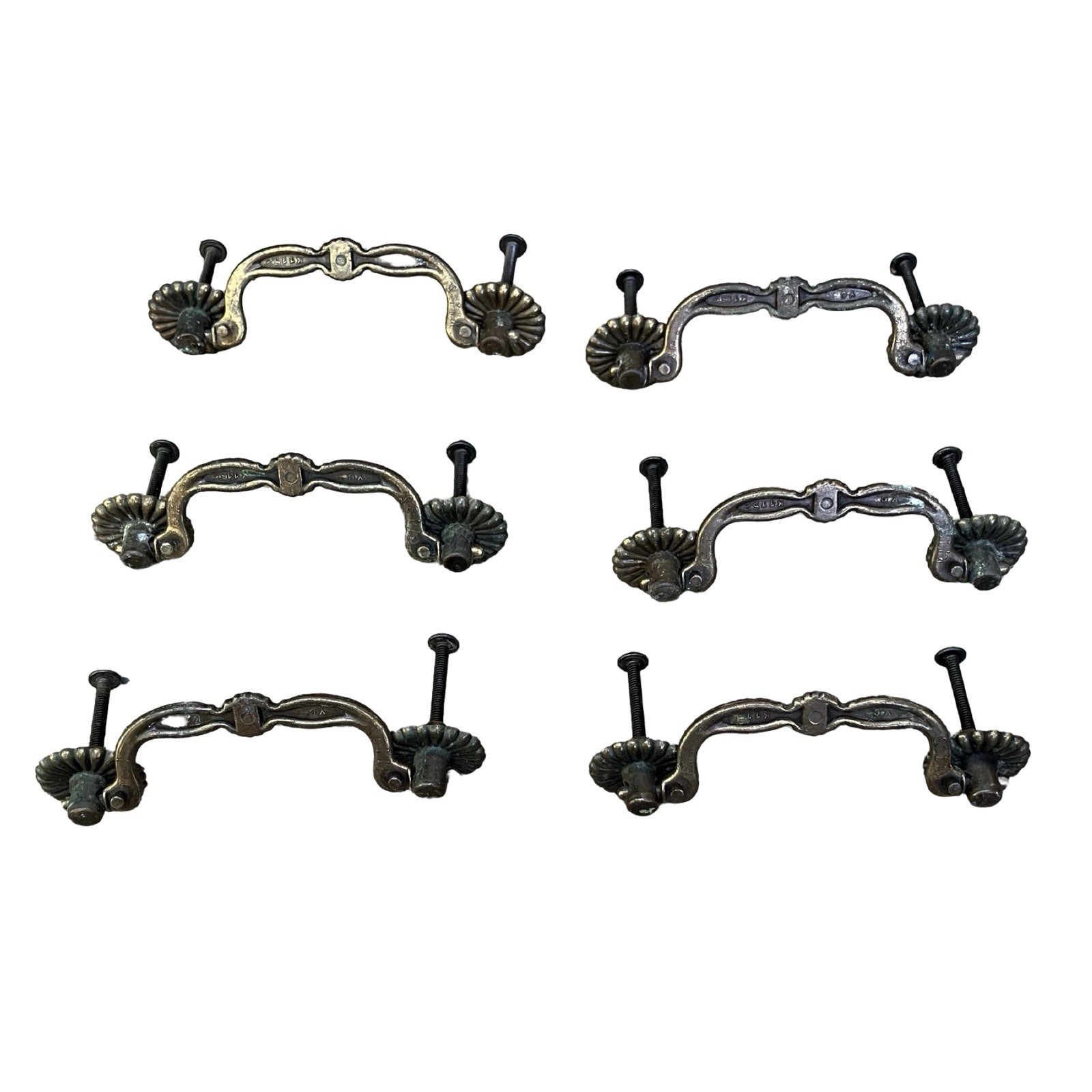 VTG YC Brass Bail Drop Drawer Pulls Rosette Set Of 6 Reclaimed Cabinet Handles