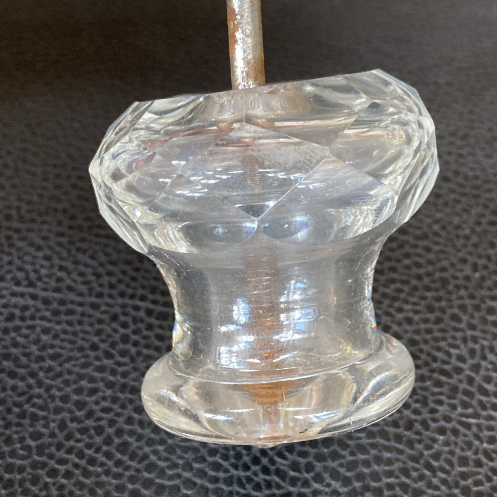 Faceted 1.75”x1-5/8” Antique Pressed Clear Glass Sandwich Drawer Pull Post Bolt