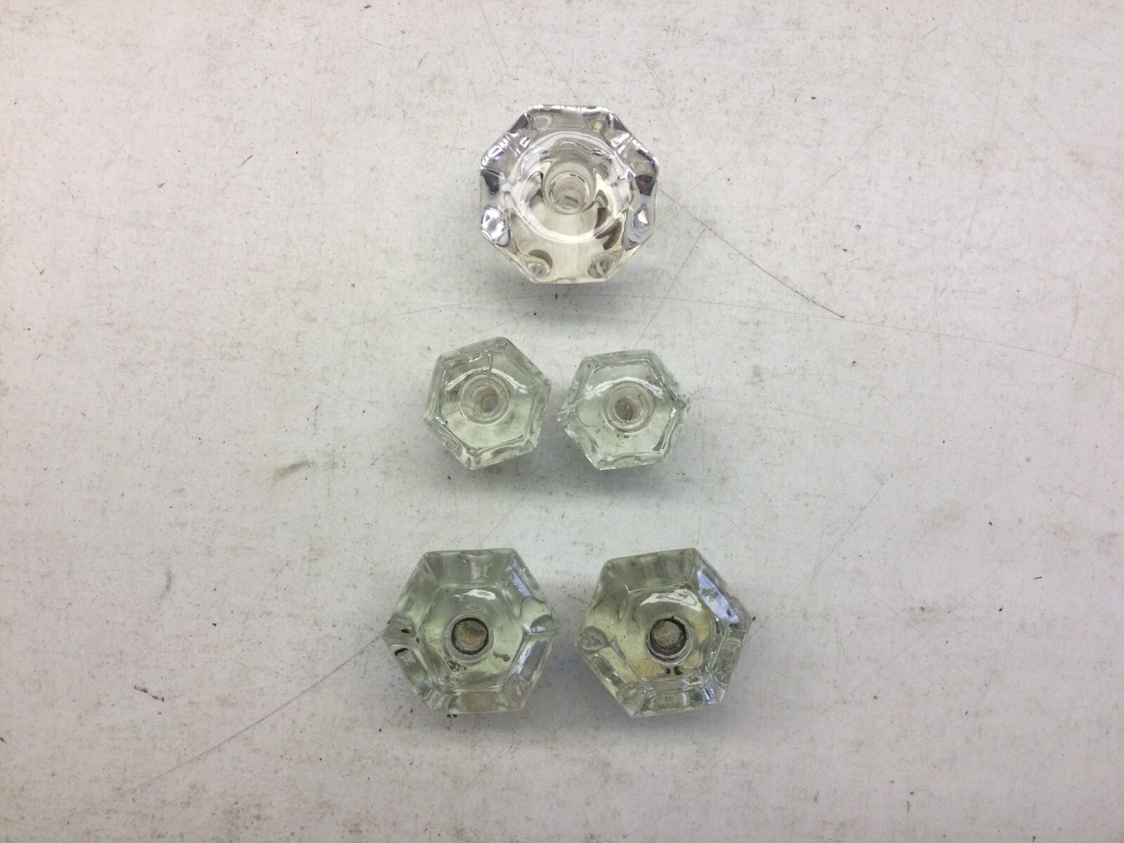 5) Antique Hexagon Glass Drawer Knob Pulls, Two Pairs, One Single