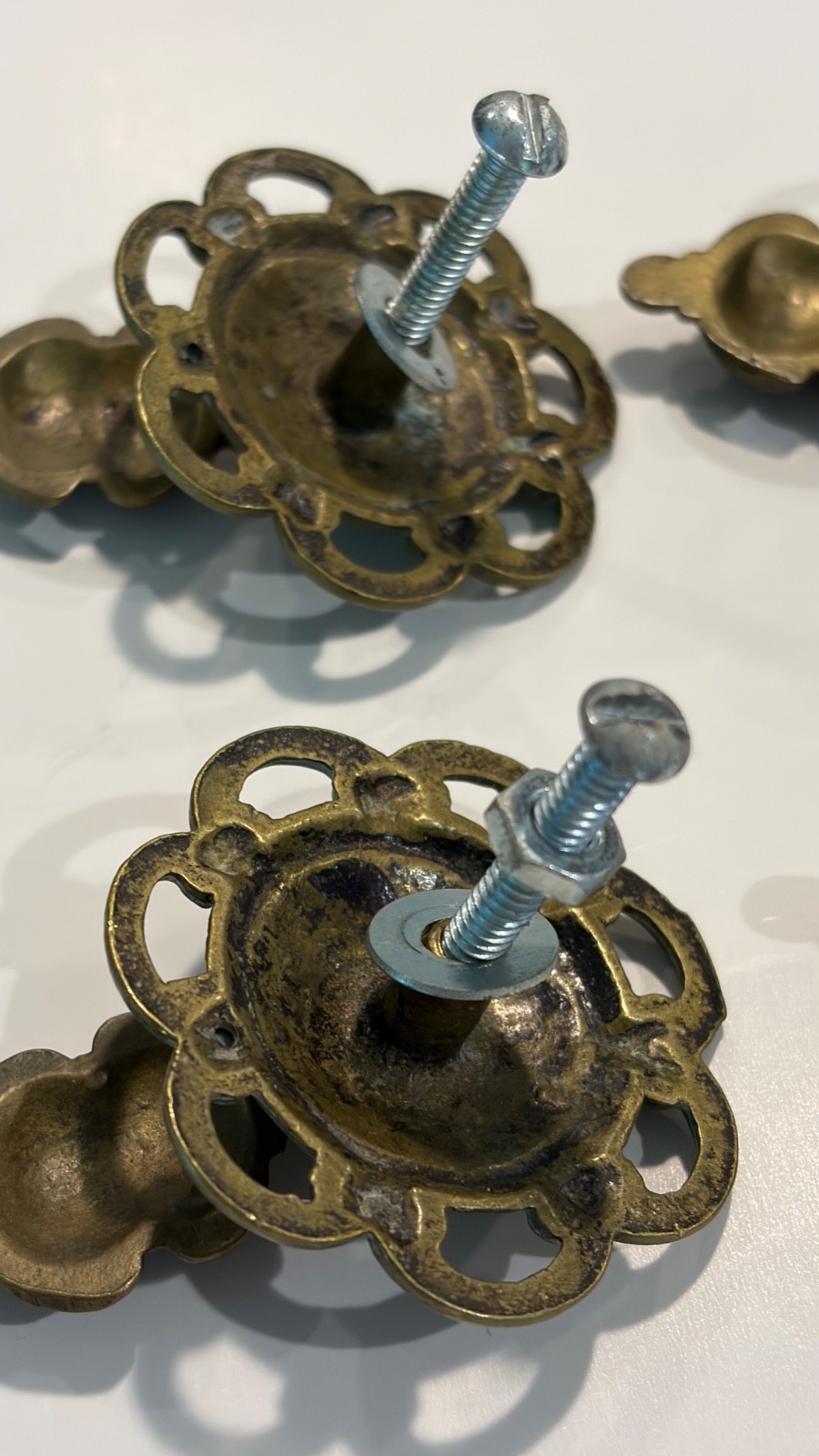 Set of 6 Antique Vintage Brass Teardrop Drop Pulls Ornate Scalloped