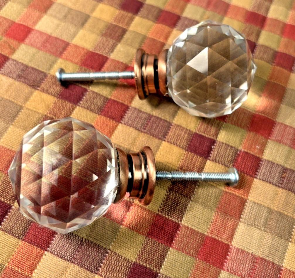 2 Vintage Crystal Glass Ball Prism Clear Faceted drawer cabinet pulls 1.25″