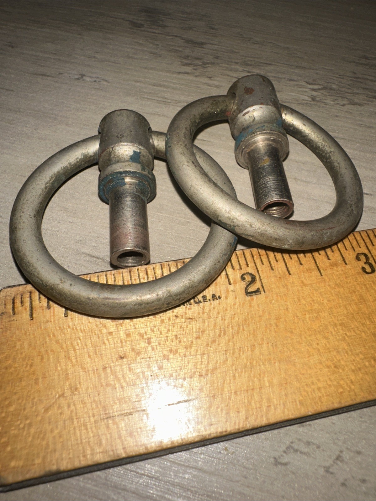 2 Round Drawer Pulls Nickel Brass Drop Handles Nice Patina!
