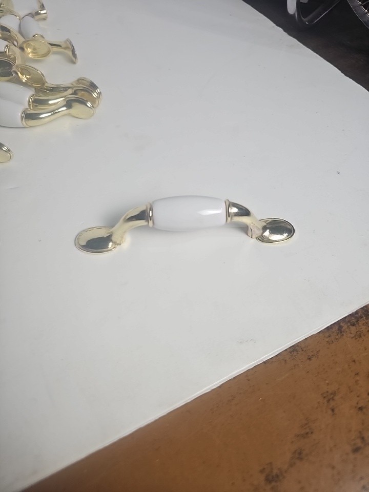 Vintage Drawer Pulls Lot Of 67 White Porcelain & Brass Tone