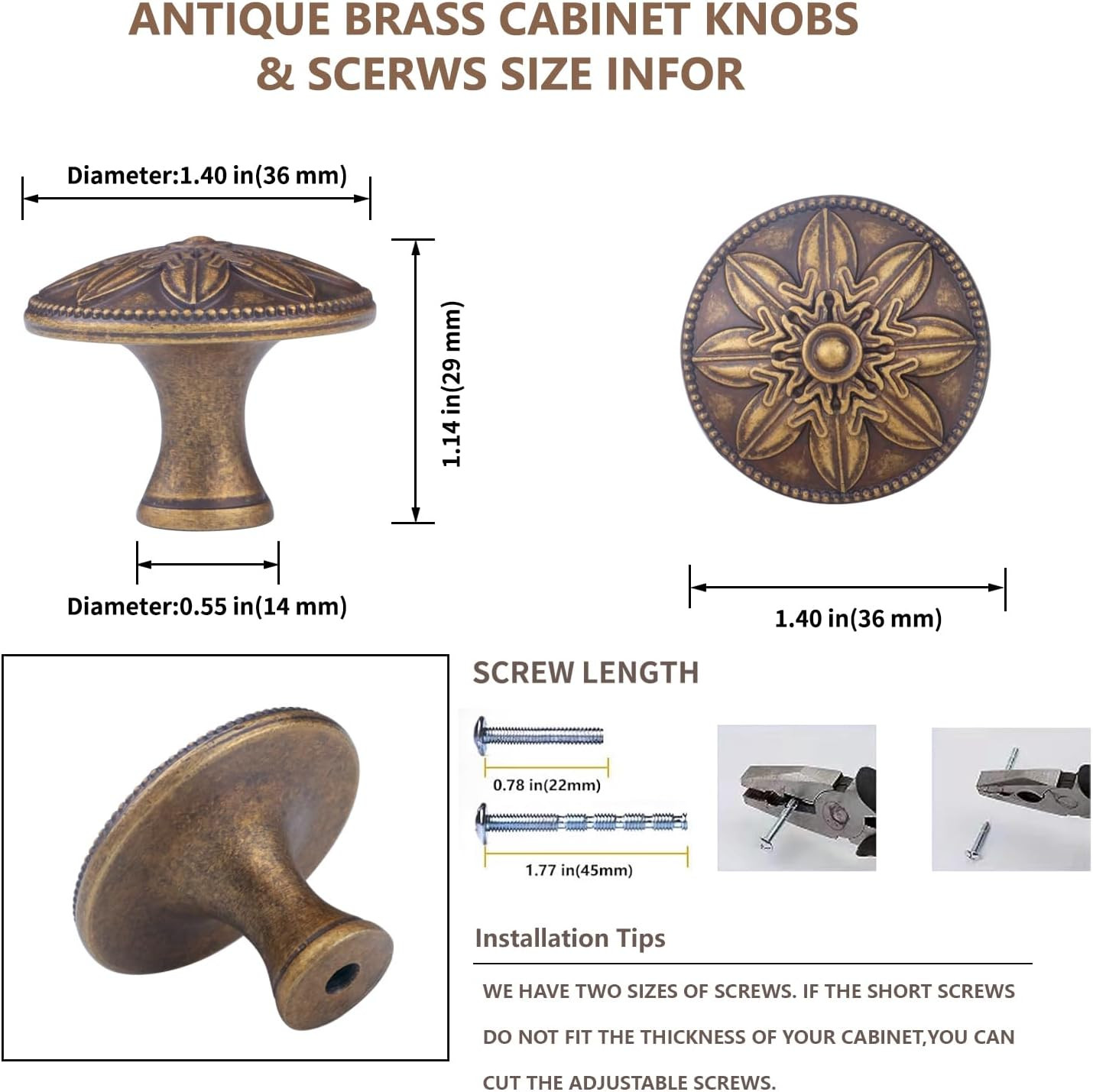 4 Pack Antique Brass Cabinet Knobs Vintage Dresser Knobs Drawer Knobs,1.4″ round