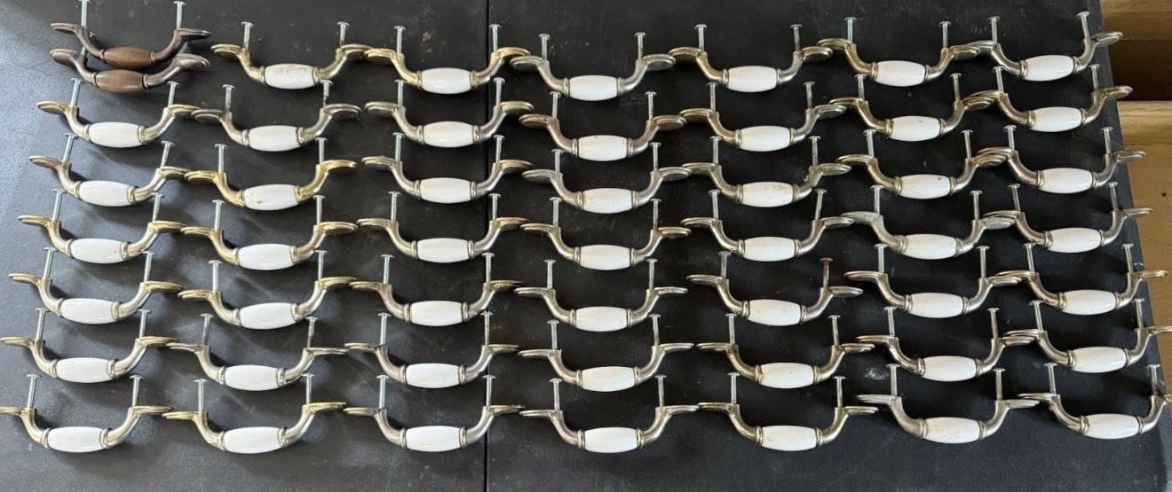 Vintage White Porcelain Bail Drawer Pulls / Cabinet Handles Antique Brass Finish