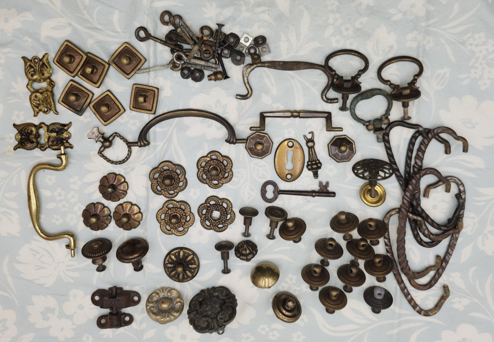Lot antique bronze Vintage furniture Knobs & bail pulls stamped brass key hole