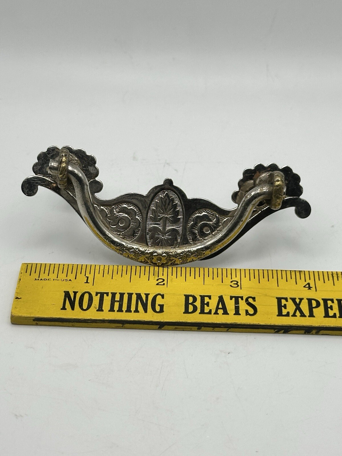 Two Tone Brass Drawer Pull Etched Punched Floral Design