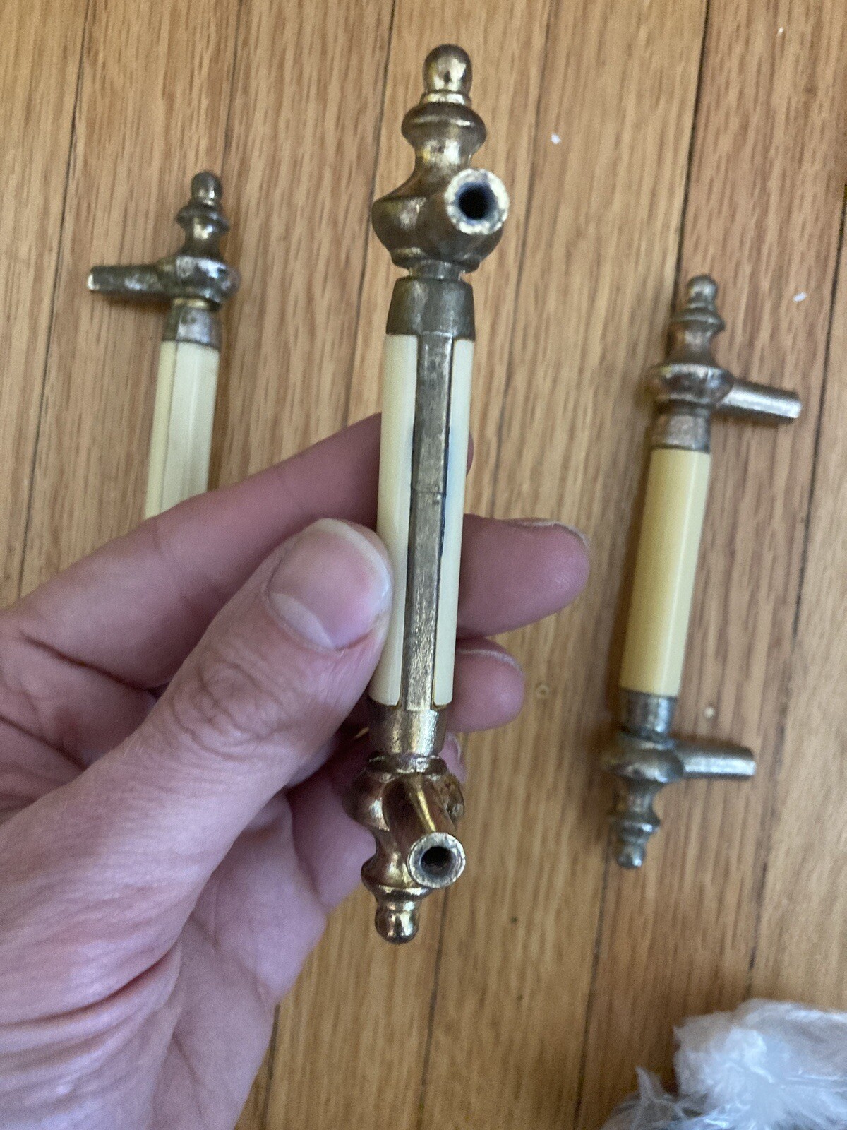 6 Matching Vintage ivory Bakelite & Solid Brass Drawer Handles ~ Pulls