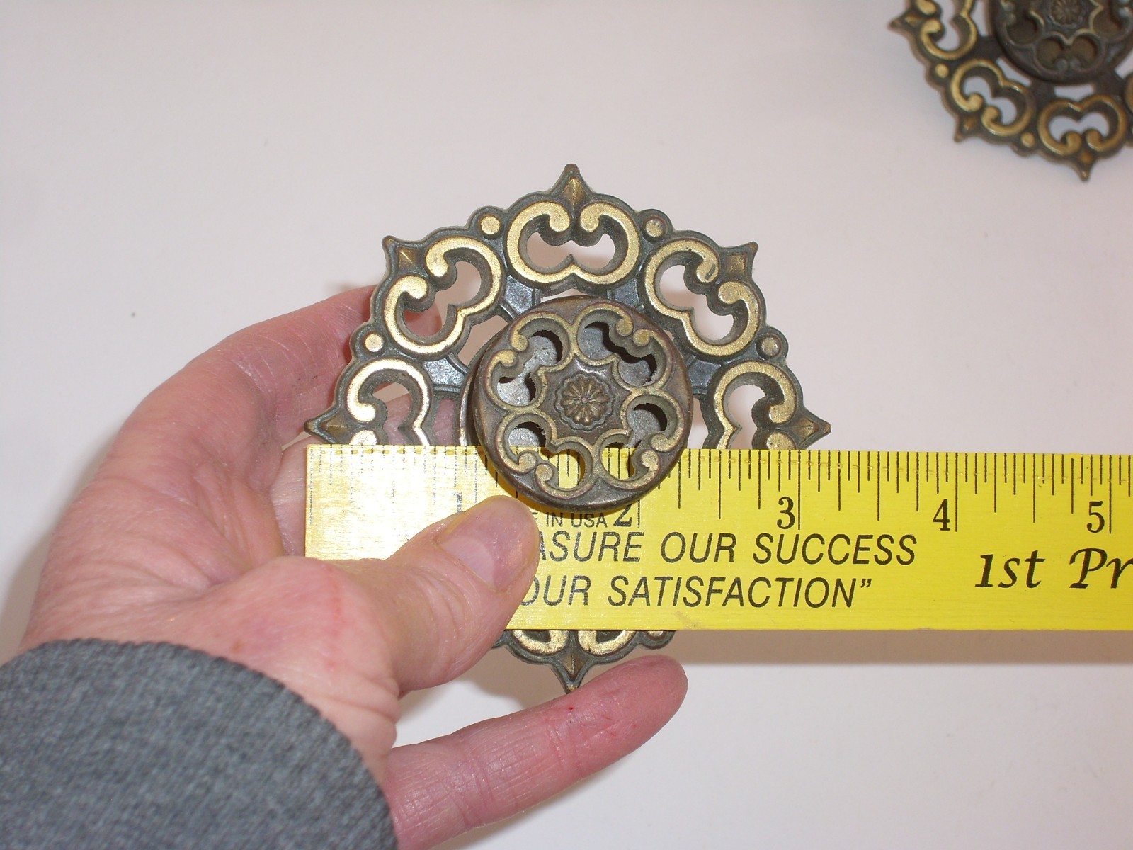 Pair of Vintage Antique Gold Amerock Cabinet Drawer Pulls, Back Plate & Knob
