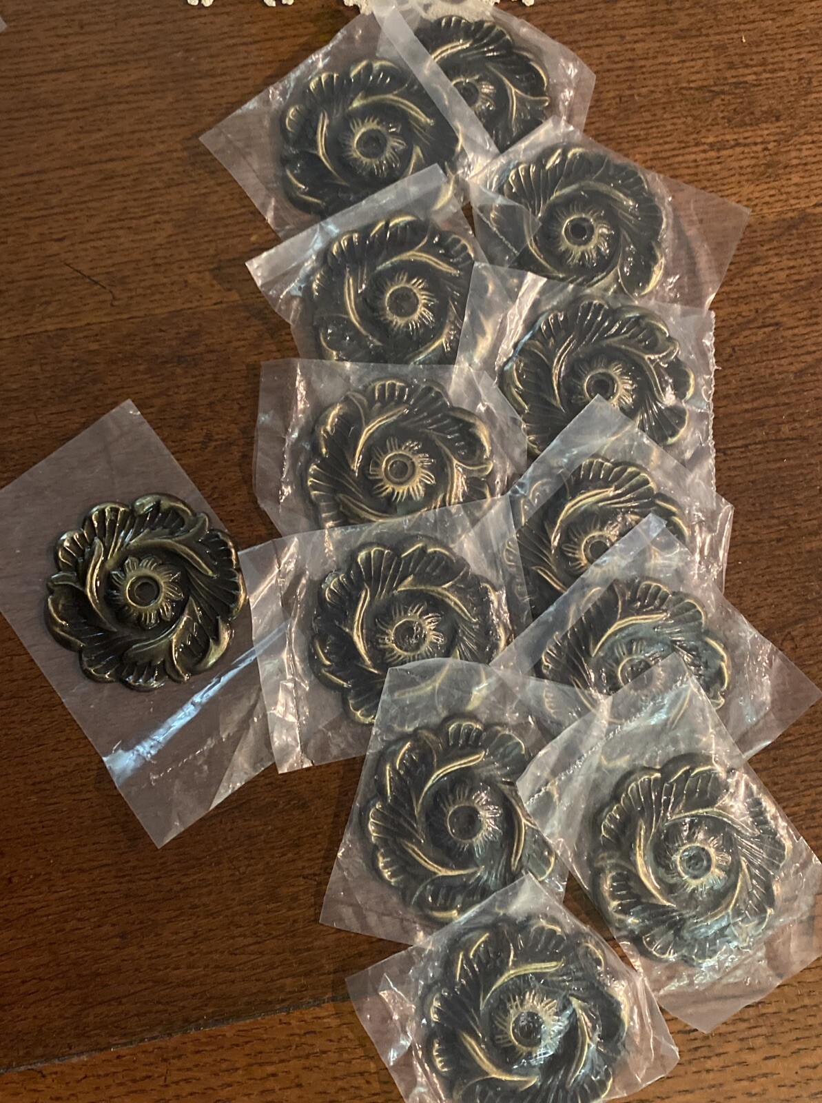 13 NOS Vtg Round Brass French Provincial MCM Drawer Dresser Knob Backplates Only