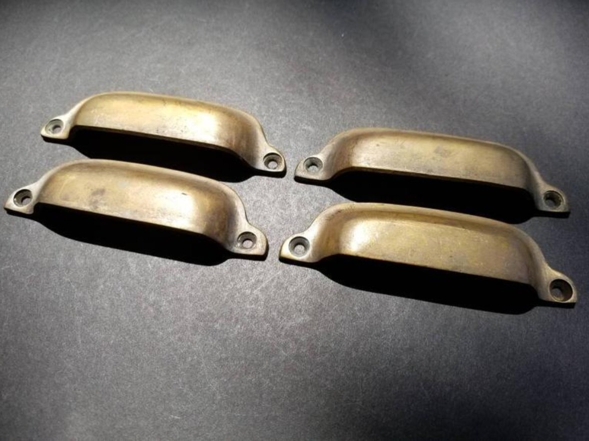 4 Ant Style Solid Brass Apothecary Cup Drawer Bin Pull Handles 3-3/8″ cntrs #A19