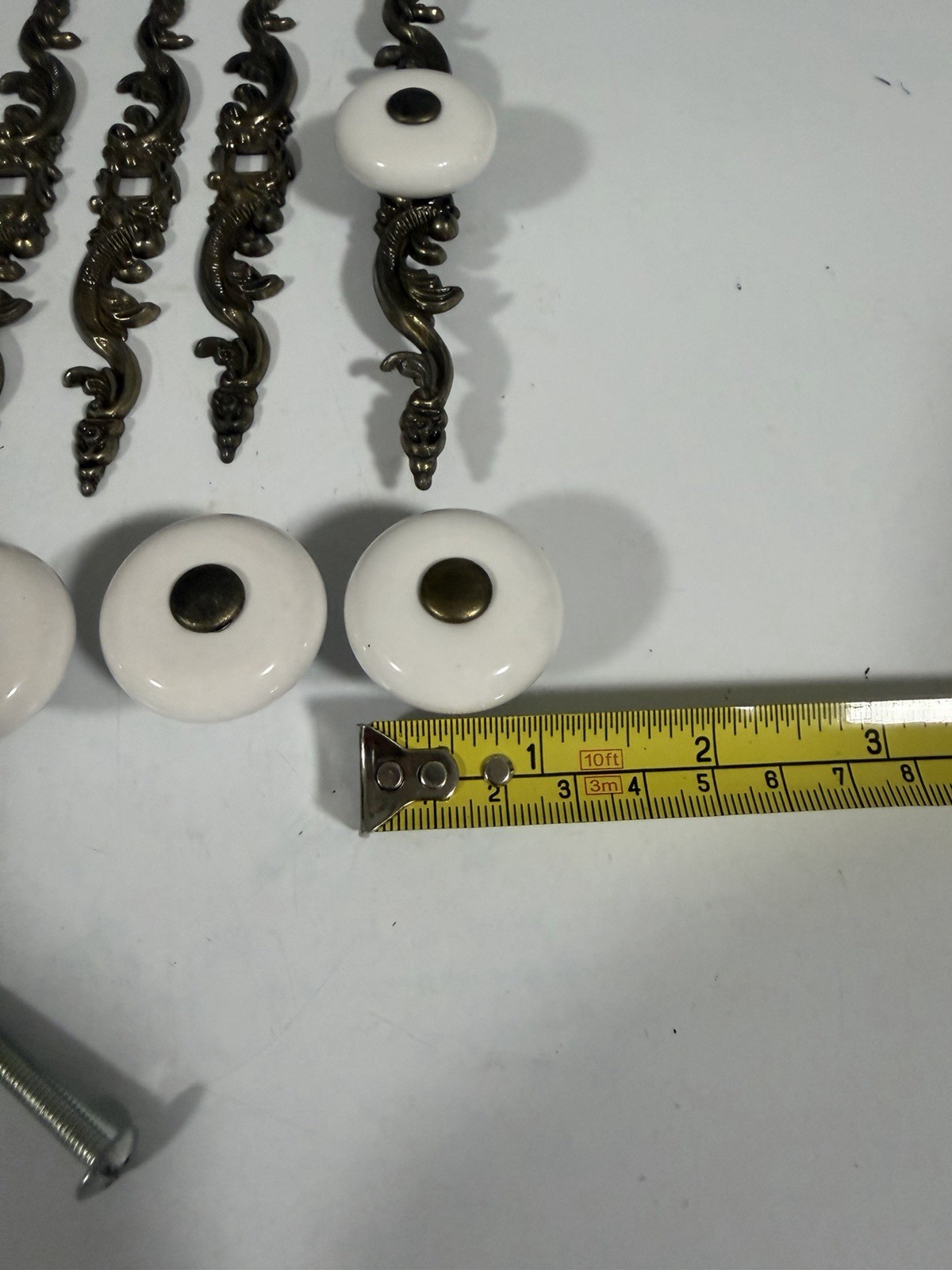 Vintage White Ceramic Drawer Pulls With Bronze Backplates