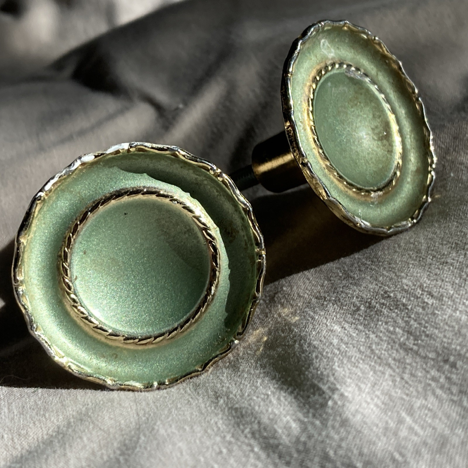 2 Vintage Brass Ajax Drawer Pulls Cabinet Knobs Pearlescent Green Gold Trim