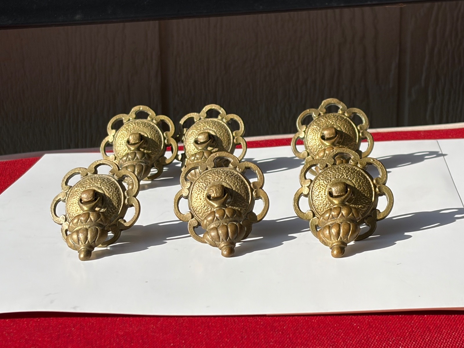 Set of 6 Antique Vintage Brass Teardrop Drop Pulls Ornate Scalloped